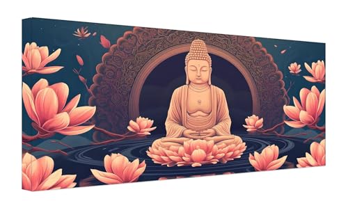 Zen-Lotus Malen Nach Zahlen Erwachsene, DIY Vorgedruckte Leinen Leinwand Anfänger Kinder Ölgemälde Kits, Home Haus Dekorieren Geschenk mit 3 Pinsel und Acrylpigment, 25x50cm (Ohne Rahmen) Z-43 von Zhlpjecc