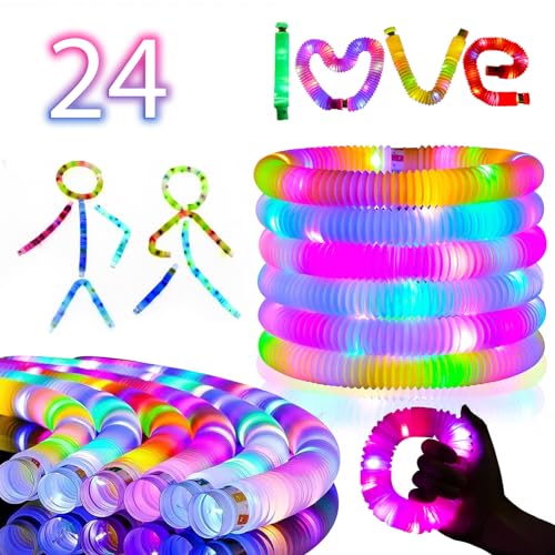 24 Stück Mitgebsel Kindergeburtstag LED Pop Tubes Fidget Spielzeug Knicklichter Party Deko Set,Leuchtstäbe Buntes Festival Sensorik Spielzeug,Geschenk für 3+ Jahre Junge Mädchen von Zhmenge