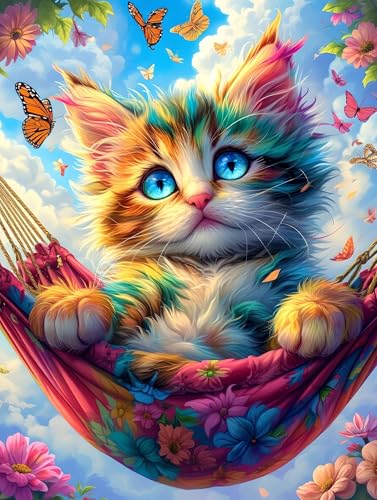 Katze Diamond Painting, Schmetterling Diamond Painting Erwachsene Anfänger, Diamond Painting Set Erwachsene und Kinder, Mosaikherstellung Set für Zimmer Deko Aesthetic, Geschenk für Frau 90x135cm P-1 von Zhngshlg