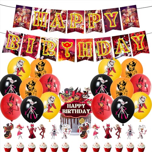 Hazbin Hotel-Partyzubehör-Set: 1 x Hazbin Hotel Brithday-Banner, 1 x große Cake-Pop-Flagge, 1 x kleine Kuchenflaggen, 12 x 16 Latex-Luftballons für Alastor-Themen-Geburtstagsparty-Dekorationsset von Zhongkaihua