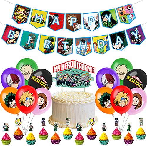 My Hero Academia Dekoration Birthday Accessories Cake Decorating Set Including 1 Birthday Banner, 1 Cake Decoration, 12 Cupcake Toppers, 12 Latex Balloons von Zhongkaihua