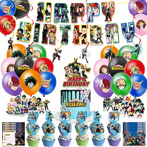 Zhongkaihua MHA Geburtstag Dekorationen Party Kuchen Dekoration Supplies Set Anime MHA Themed, Inklusive Happy Birthday Banner, Cake Topper, Cupcake Topper, Luftballons von Zhongkaihua