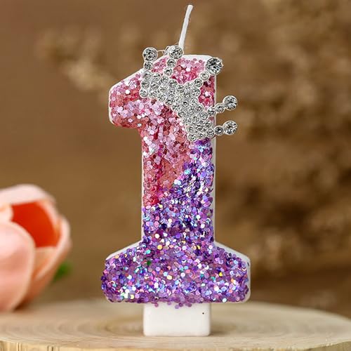 Geburtstagskerzen Zahlen 1, Krone Geburtstag Nummer Kerzen, Glitzernde Zahlenkerze Rosa Lila Zahlenkerzen Kuchenaufsatz für Geburtstag, Jubiläum.(Nummer 1) von Zhtulck