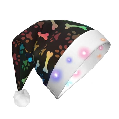 Zhuanyun Regenbogen Hund Katze Pfotenabdruck Flanell Weihnachtsmannmützen Weihnachtsmütze mit LED-Lichtern Nikolausmütze für Kostümpartys von Zhuanyun