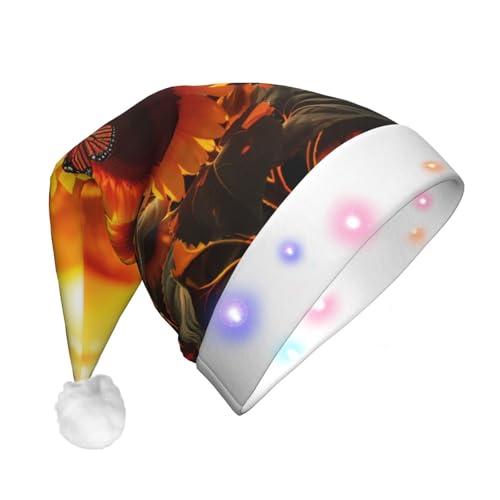 Zhuanyun Sonnenblume Schmetterling Sonniger Druck Flanell Nikolausmützen Weihnachtsmütze mit LED-Lichtern Nikolausmütze für Kostümpartys von Zhuanyun