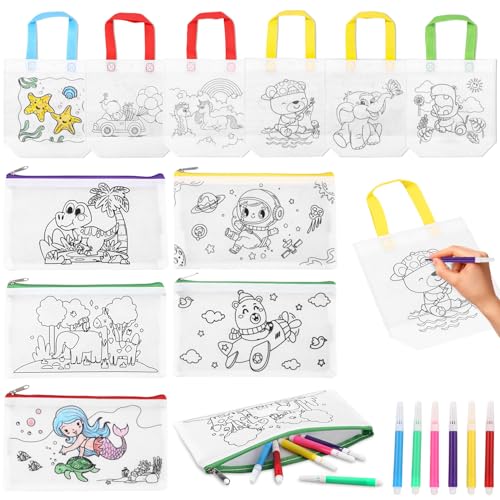 Zhufas Kindermal-Stoffbeutel 23-Teilig DIY-Malbeutel Malset Stoffbeutel Ideal für Kindergeburtstag Mitbringsel Zum Kindergeburtstag Bastelset(Includes11 DIY-Kinder-Malbeutel und 12 Aquarellstift) von Zhufas