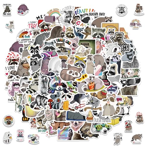 100 Stück Raccoon Aufkleber, Waschbär Sticker, Wasserdicht Cartoon Tier Aufkleber, Vinyl Kawaii Raccoon Stickers für Auto Laptop Gitarre Skateboard Motorrad Fahrrad Gepäck Wasserflaschen von Zhuporn