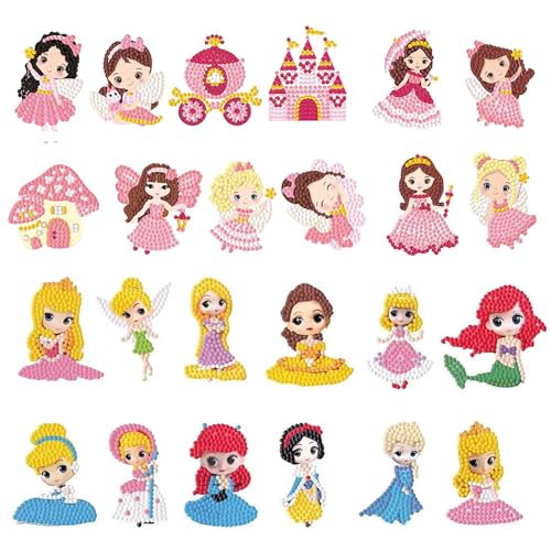 24pcs Diamond Painting Kinder, Diamant Painting Aufkleber Kit, Diamond Painting MäDchen, DIY Cartoon Prinzessin Diamant Aufkleber Kit, DIY Diamant Painting Kit für Kinder und Erwachsene Anfänger von Zhuporn