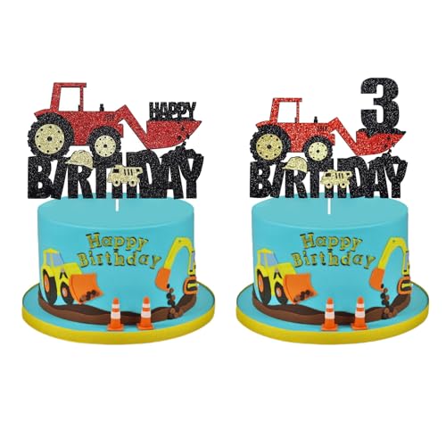 Bagger Tortendeko, 2 Stück Bagger Cake Topper, Bagger deko Kindergeburtstag 3 Jahre, Bagger Kuchen Deko, Happy Birthday Cake Topper, Bagger Kuchendekoration Geburtstag für Mädchen Junge von Zhuporn