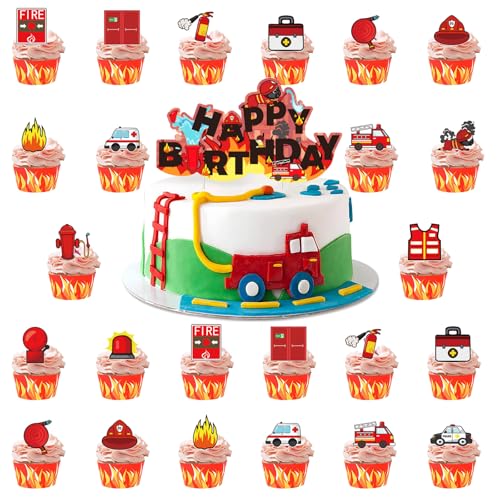 Feuerwehr Kuchen Dekorationen Zubehör, 32 Stück Fire Truck Cupcake Toppers, Fireman Cake Toppers, Happy Birthday Feuerwehr Tortendeko, für Feuerwehr Tischdekoration Kindergeburtstag von Zhuporn