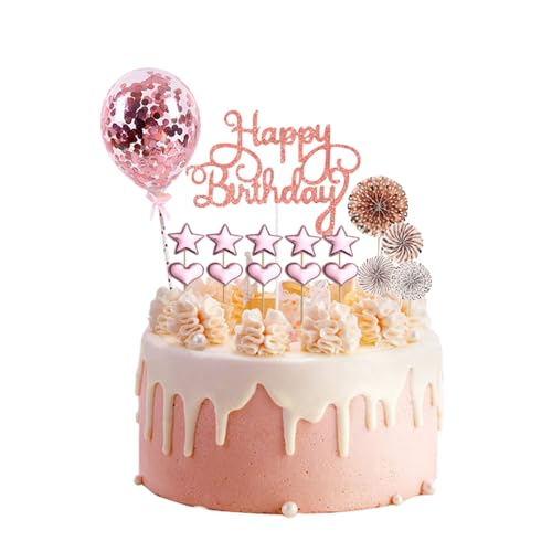 Tortendeko Rosegold 16 Stück, Happy birthday Tortendeko, Kuchendeko Geburtstag Rosegold, Papierfächer Sterne Ballon Cupcake Tortenstecker, Glitter Cake Topper, Torten Deko für Mädchen Frauen von Zhuporn