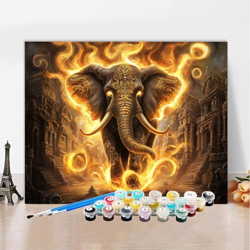 Malen Nach Zahlen Elefant Malen Nach Zahlen Erwachsene Flamme, Paint by Numbers ab 7 Jahre Mädchen - DIY Malen-Nach-Zahlen Erwachsene Bastelset Mit 3 - Pinseln für Wanddeko Geschenk 100x150cm XZ-402 von Zhynfiie