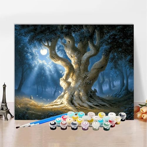 Malen Nach Zahlen Erwachsene Baum, Malen Nach Zahlen Mondlicht DIY Handgemalt Ölgemälde Kit, Paint by Numbers Adult Mit Pinseln und Acrylfarbe, Kreative Heimdekoration 100x150cm Ohne Rahmen XZ-365 von Zhynfiie