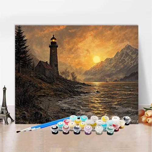 Malen Nach Zahlen Erwachsene Sonnenuntergang, Malen Nach Zahlen Leuchtturm DIY Handgemalt Ölgemälde Kit, Paint by Numbers Adult Mit Pinseln und Acrylfarbe, Kreative Heimdekoration 100x150cm XZ-377 von Zhynfiie