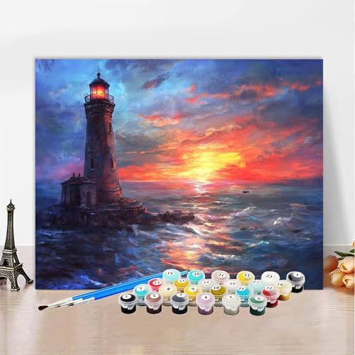 Malen Nach Zahlen Leuchtturm Malen Nach Zahlen Erwachsene Meer, Paint by Numbers ab 7 Jahre Mädchen - DIY Malen-Nach-Zahlen Erwachsene Bastelset Mit 3 - Pinseln für Wanddeko Geschenk 100x150cm XZ-368 von Zhynfiie