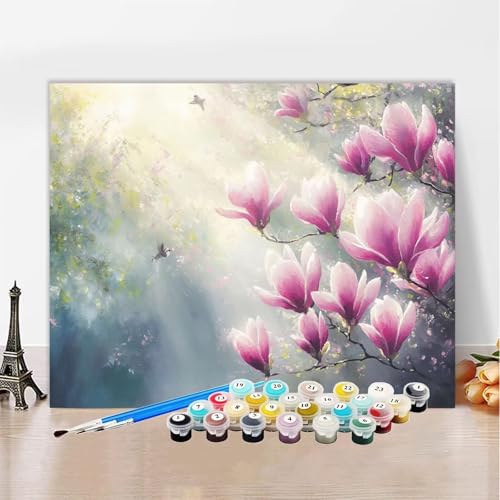 Malen Nach Zahlen Magnolie Malen Nach Zahlen Erwachsene Anlage, Paint by Numbers ab 7 Jahre Mädchen - DIY Malen-Nach-Zahlen Erwachsene Bastelset Mit 3 - Pinseln für Wanddeko Geschenk 100x150cm XZ-356 von Zhynfiie