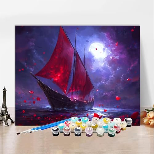 Malen Nach Zahlen Segelboot Malen Nach Zahlen Erwachsene Mond, Paint by Numbers ab 7 Jahre Mädchen - DIY Malen-Nach-Zahlen Erwachsene Bastelset Mit 3 - Pinseln für Wanddeko Geschenk 100x150cm XZ-360 von Zhynfiie