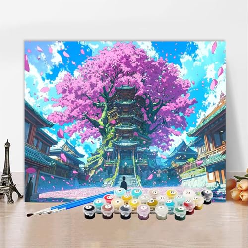 Malen Nach Zahlen Turm Malen Nach Zahlen Erwachsene Kirschblüten, Paint by Numbers ab 7 Jahre Mädchen - DIY Malen-Nach-Zahlen Erwachsene Bastelset Mit 3 Pinseln für Wanddeko Geschenk 100x150cm XZ-354 von Zhynfiie