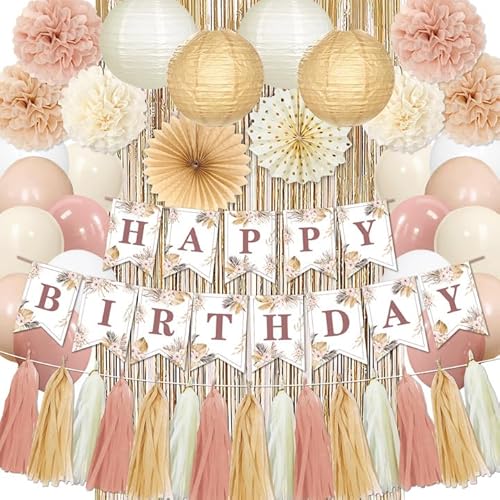 Rosa Geburtstagsdekorationen Happy Birthday Party Dekorationen Set mit Geburtstagsbanner Luftballons Papier Pom Poms Rosa Quaste Girlande für Frauen Mädchen Kinder Geburtstag Party Supplies von Zhynice