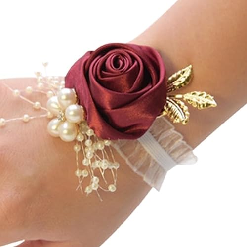 ZiYouao Blumenarmband 2 Stücke Handgelenk Blumen Zubehör Boutonniere(Wine red) von ZiYouao