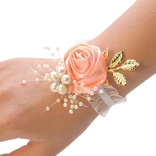 ZiYouao Blumenarmband Braut Geschenke Hand Blumen Party Prom Zubehör Brautjungfer Faux Hochzeit Handgelenk Corsage Band Perle Bogen Boutonniere(Orange) von ZiYouao