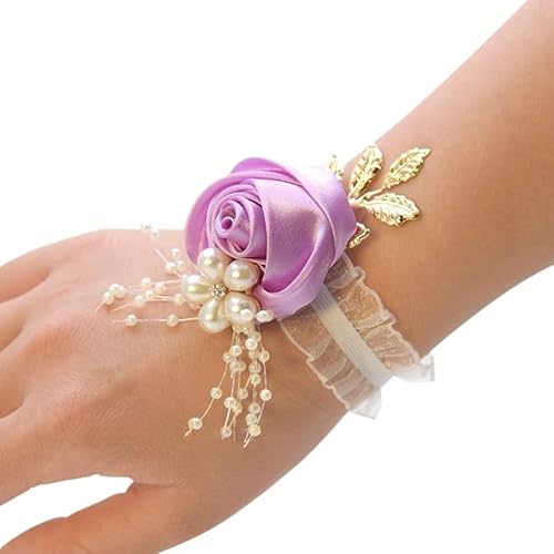 ZiYouao Blumenarmband Braut Geschenke Hand Blumen Party Prom Zubehör Brautjungfer Faux Hochzeit Handgelenk Corsage Band Perle Bogen Boutonniere(Purple) von ZiYouao