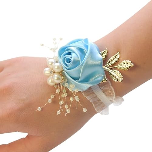 ZiYouao Blumenarmband Brautgeschenke Handblumen Party Abschlussball Zubehör Brautjungfer Faux Rose Armband Hochzeit Handgelenk Corsage Polyesterband Perlenschleife Boutonniere(Light Blue) von ZiYouao