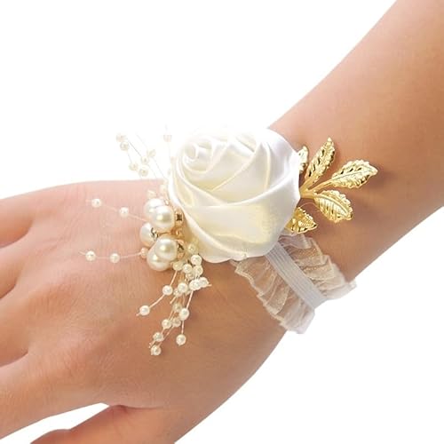 ZiYouao Blumenarmband Brautgeschenke Handblumen Party Abschlussball Zubehör Brautjungfer Faux Rose Armband Hochzeit Handgelenk Corsage Polyesterband Perlenschleife Boutonniere(White) von ZiYouao