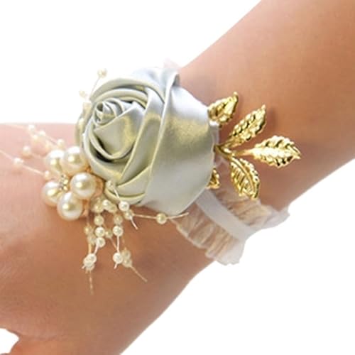 ZiYouao Blumenarmband Brautjungfer Faux Rose Armband Hochzeit Handgelenk Polyester Band Perle Bogen Braut Geschenke Hand Blumen Party Zubehör Großhandel Boutonniere(Light Grey) von ZiYouao