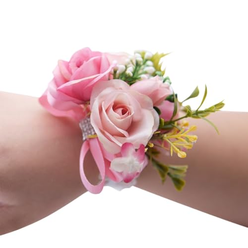 ZiYouao Blumenarmband Brautjungfer Handgelenk Blumen Rose Seidenband Braut Hand Dekorative Braut Hochzeit Armband Armband Geschenke Hochzeit Party Decor Boutonniere(Pink) von ZiYouao