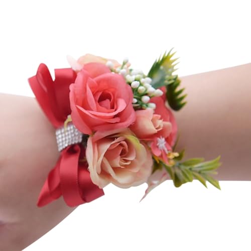 ZiYouao Blumenarmband Brautjungfer Handgelenk Blumen Rose Seidenband Braut Hand Dekorative Braut Hochzeit Armband Armband Geschenke Hochzeit Party Decor Boutonniere(Watermelon Red) von ZiYouao