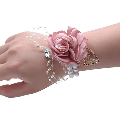 ZiYouao Blumenarmband Hochzeit Braut Brautjungfern Perle Blatt Handgelenk Blume Party Tanz Hand Blume Kristall Zubehör for Damen und Mädchen (rosa) Boutonniere von ZiYouao