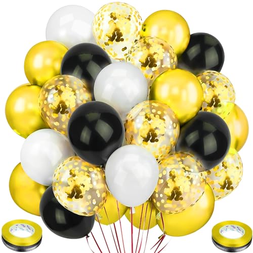 Ziamzra 60 Stück Ballon Gold Set 12 Zoll Ballons Geburtstag Metallic Chrom Gold Konfetti Luftballons Weiße Schwarz Helium luftballon Glitzer mit Bändern für Hochzeit Silvester Jubiläum Kinder Deko von Ziamzra