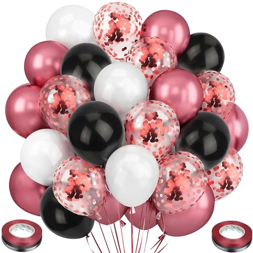 Ziamzra 60 Stück Luftballons Rot und Schwarzes Set 12 Zoll Ballons Geburtstag Metallic Konfetti Luftballons Schwarz Weiße Helium Ballons Glitzer mit Bändern für Hochzeit Jubiläum Kinder Deko von Ziamzra