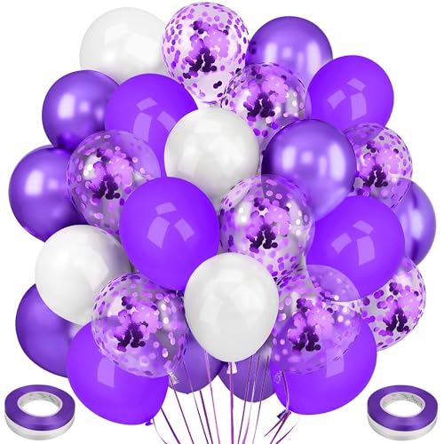 Ziamzra Ballons Lila Set 12 Zoll Luftballons Geburtstag Metallic Konfetti 60 Stück Ballon Violett Weiße Helium Latex Ballons mit Bändern für Hochzeit Kinder Party Jubiläum Deko von Ziamzra