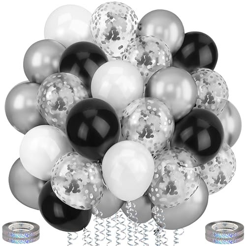 Ziamzra Luftballons Silber und Weiße Set 12 Zoll Luftballon Geburtstag Chrom Silber Konfetti 60 Stück Ballon Schwarz Weiße Helium Ballons Metallic mit Bändern für Hochzeit Kinder Party Jubiläum von Ziamzra