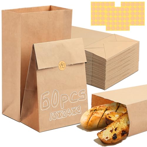 Ziamzra 60stk Papiertüten Klein 13x24x8cm Kraftpapier Tüten Geschenktüten Flachboden mit 75 Aufkleber für Butterbrottüten Papiertüten Adventskalender Süßigkeiten Brot Weihnachten Halloween Hochzeit von Ziamzra