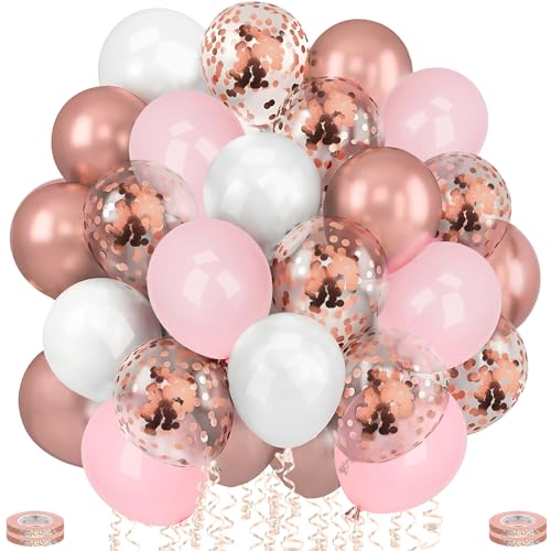 Ziamzra Luftballons Geburtstag Set 60 Stück Luftballons Rosegold Konfetti Helium Ballons Rosa Weiße Luftballons Metallic 12 Zoll mit Bändern für Hochzeit Silvester Jubiläum Kinder Mottoparty Deko von Ziamzra