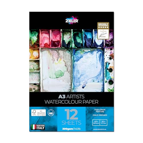 Feinkörniges strukturiertes Aquarellpapier - von Zieler® 12 Blatt | 300 g/m² | ideal für "Wet on Wet Techniques" | FSC Mix & säurefrei | Inklusive Starter-Tippbogen (A3) von Zieler