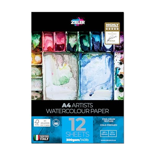 Feinkörniges strukturiertes Aquarellpapier - von Zieler® 12 Blatt | 300 g/m² | ideal für "Wet on Wet Techniques" | FSC Mix & säurefrei | Inklusive Starter-Tippbogen (A4) von Zieler