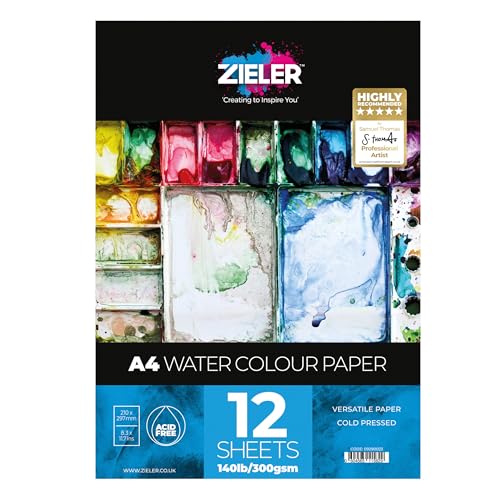 Zieler Aquarellpapier, feinkörnig, 300 g/m², 12 Blatt, ideal zum Einweichen und Abkleben Hergestellt in Großbritannien (A4) von Zieler