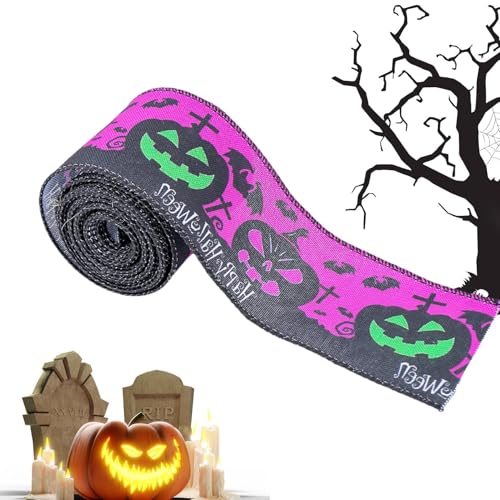 Halloween-Band mit Drahtrand, 5 m Stoffband, Bastelband, Halloween- -Totenkopf-Muster, Band für Weihnachtskranz, Schleifenherstellung von Ziennhu