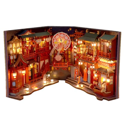 Ziennhu Book Nook – Tang Dynasty Buchecken-Set mit LED-Licht, Buchecke, Bücherständer, Miniaturraum, Puzzle-Haus-Modellbausätze mit LED-Lichtern für Zuhause, Bücherregal-Dekoration von Ziennhu