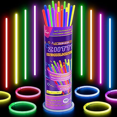 Ziitty Knicklichter Party Set, 7 Tolle Farben Knicklichter Kinder, 100 Leuchtstäbe mit 100 Verbinder für Armbänder Armringe,Neon Party Gadgets für Party Deko Hochzeiten Silvester Feuerwerk Party von Ziitty