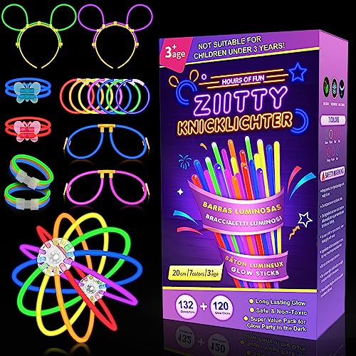 Ziitty 252 Knicklichter Party Set, 120 Stück Leuchtstäbe 132 Verbinder, Neon Knicklichter Ketten und Leuchtbrillen Sets für Kinder Erwachsene Party Deko für Hochzeiten Geburtstage Silvester Party von Ziitty