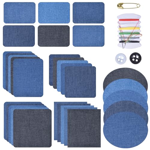 30 Stück Flicken zum Aufbügeln, Jeans Reparatursatz Set, Eisen auf Denim Flicken Reparatur Kit, Baumwolle Patches mit Nähzeug, Bügelflicken Bügeleisen, Patches für Kleidung Jeans Jacken DIY von Zimoer