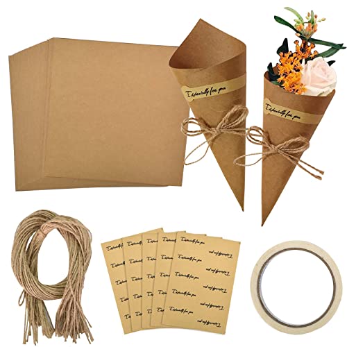 50 Stück Hochzeit Kraftpapier Kegel Spitztüten Kegeltüten Papier mit Juteschnur Aufkleber DIY Kegel für Hochzeitskonfetti Party Blütenblätter Trockenblumen Schokolade Gastgeschenke von Zimoer