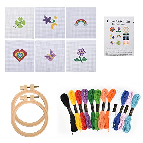 Anfänger Stickerei Set für Kinder, inkl 6 Projekte gemusterte und 2 Stickrahmen, 12 Stickgarn Mehrfarbigen, 5 Nadelnn, Embroidery Kit für Stickerei Bastler, Cross Stitch Embroidery Kit mit Muster von Zimoer