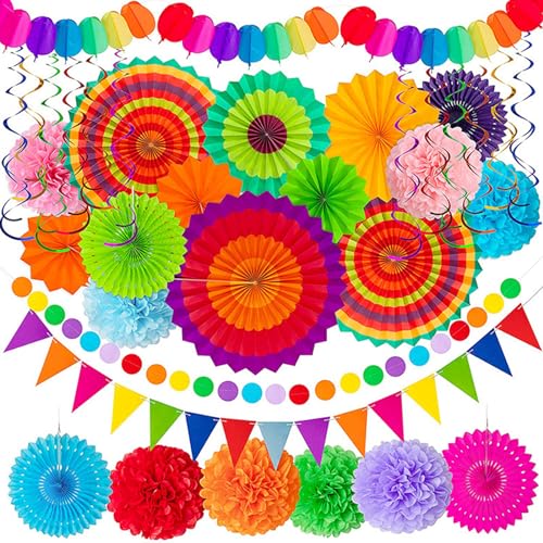 Party Dekoration Papier Pompoms, Bunt Party Dekoration Papier Pompoms, Aufhängen Fächer, Papier Fans Fächer Wabenbälle Girlanden, Dreieckige Wimpel und hängende Glitter Punkt Papier Girlande von Zimoer