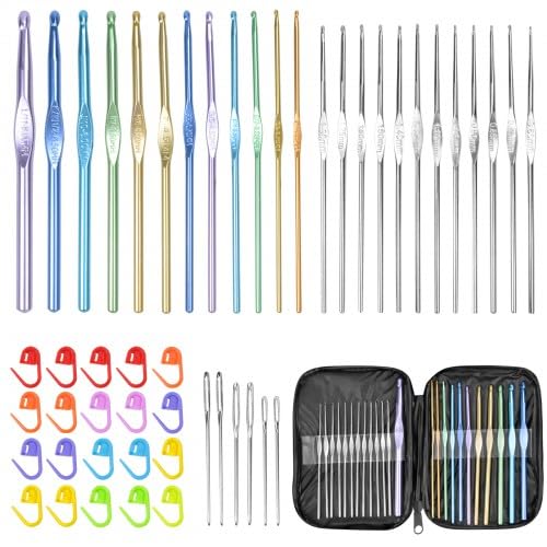 50 Stück Häkelnadeln Set, Häkelset für Anfänger, Bunte Aluminium Stricken Häkeln Häkelsets in verschiedenen Größen mit Große Augen Nadeln, Tragbaren Tasche, Stichmarker, für DIY-Handstrick von Zimoer